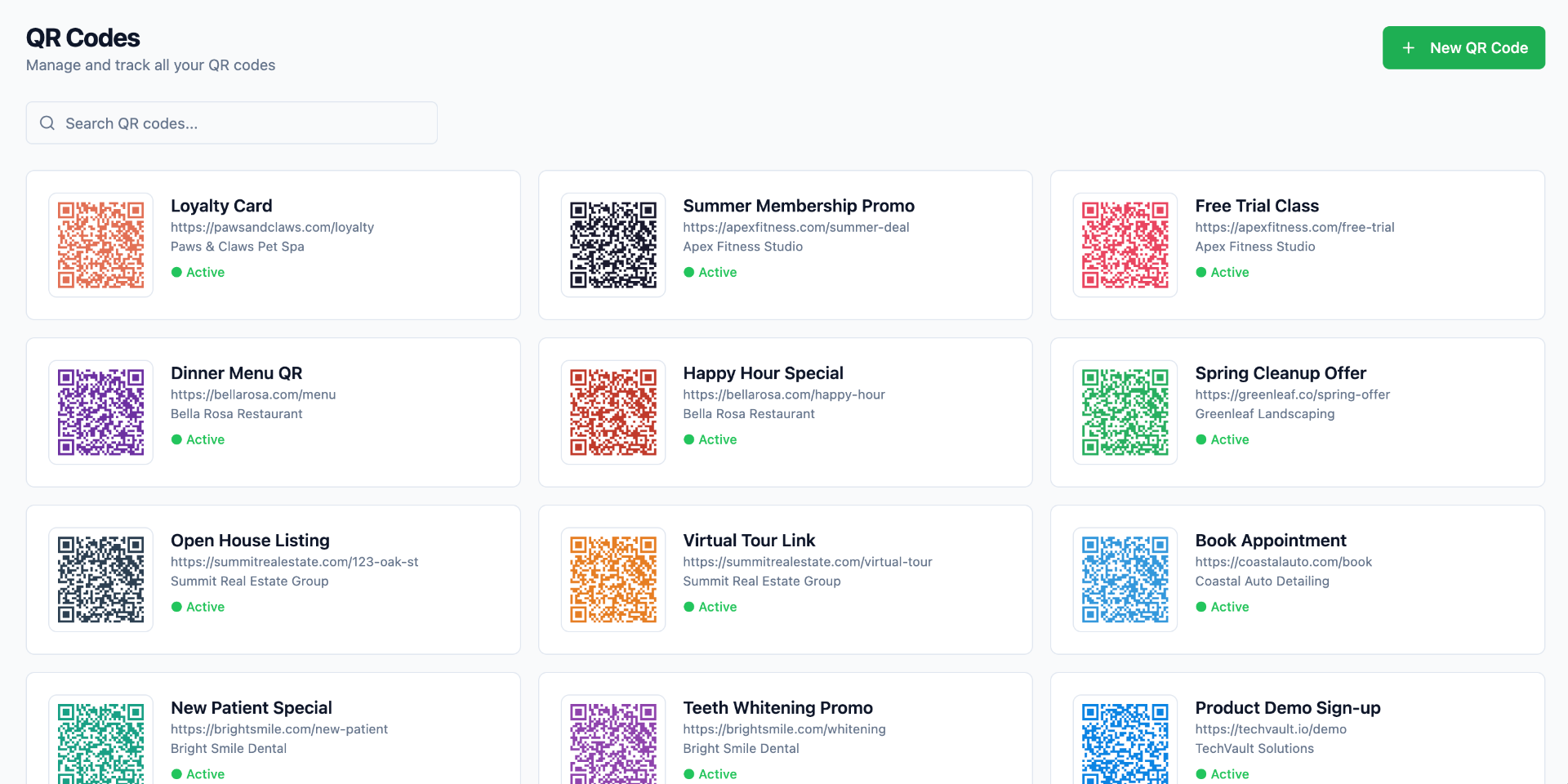 QR Printing Lab QR code library with custom-colored QR codes for a small business